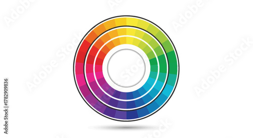 A vibrant, circular color wheel with two concentric rings displaying a full spectrum of hues and shades.