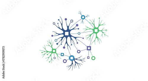 Abstract Network of Neurons and Synapses in Blue, Green, and Purple