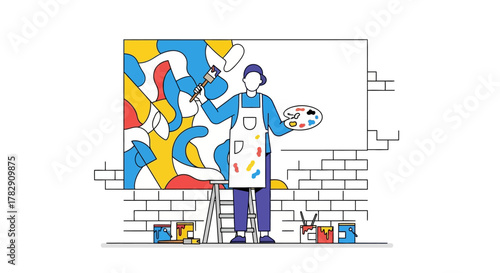 Artist painting abstract artwork with colorful palette and brush