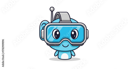 Adorable blue cartoon character wearing a virtual reality headset