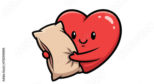 Adorable cartoon heart character hugging a pillow