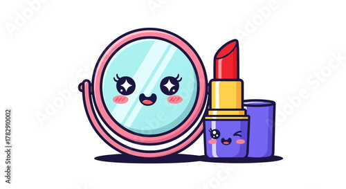 Adorable smiling mirror and winking lipstick makeup cartoon illustration.