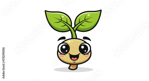 Adorable smiling seed sprout with two green leaves mascot illustration