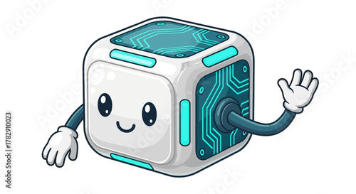 Adorable White AI Cube Robot Character with Teal Circuitry Waving Hello
