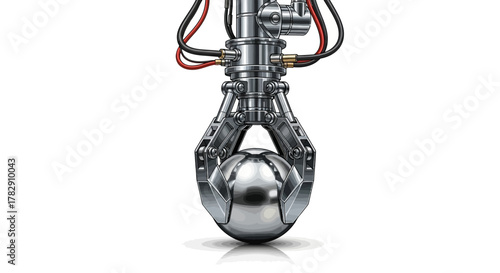 Advanced robotic arm gripper with wires holding a reflective metallic sphere