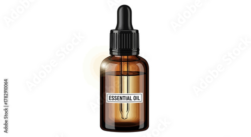 Amber glass bottle with dropper filled with essential oil