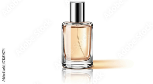 An elegant illustration of a glass perfume bottle with a silver cap and amber-colored fragrance.