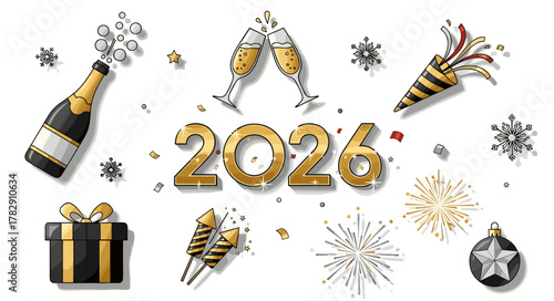 Festive New Year 2026 Celebration with Champagne, Fireworks, and Gifts Illustration