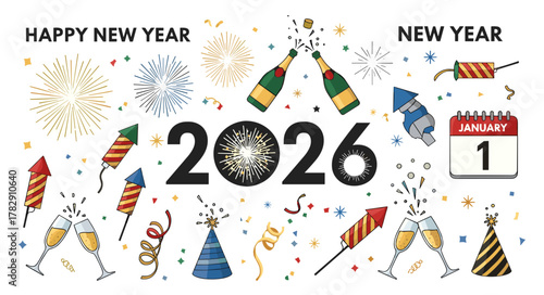 Festive 2026 New Year's Celebration with Champagne and Fireworks