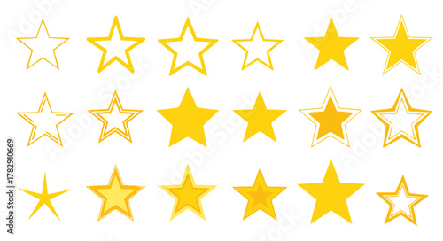 Collection of Star Icons in Gold and Yellow, Rating and Award Emblems