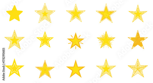 A vibrant assortment of yellow star vector illustrations suitable for ratings, achievements, and decorative patterns in digital and print media