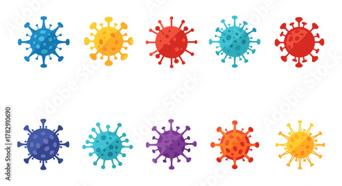 A collection of colorful virus icons. Vector set of coronavirus cells for medical and scientific concepts
