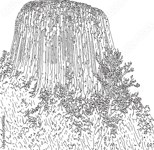 Vector drawing of Devils Tower National Monument in Wyoming, USA.