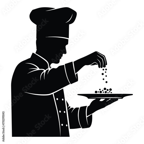 Chef sprinkling spices over food preparation illustration culinary art design
