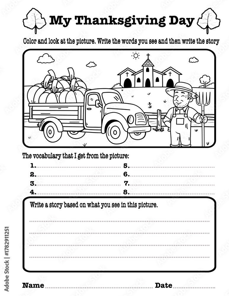 Naklejka premium Thanksgiving Farm Story Writing Worksheet for Kindergarten and Grade 1–3, 8.5”x11” size 
