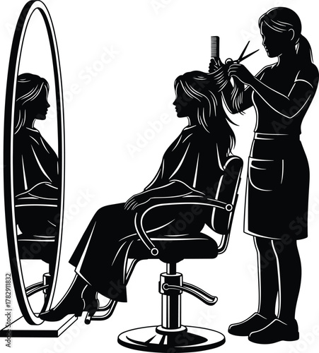 Silhouette of hairstylist cutting woman hair in beauty salon, professional hairdresser service, mirror reflection, hairstyle and fashion concept vector illustration