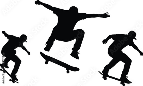 Silhouette of skateboarder performing tricks in motion, extreme sport jump, street skating action, youth lifestyle and urban energy vector illustration