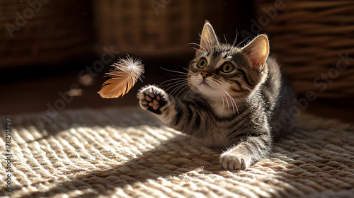 Cute kitten and domestic feline pets lying on floor, chair, or bed