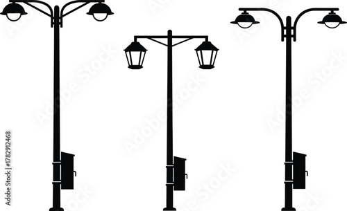 Urban street lamp post silhouettes collection, vintage and modern outdoor lighting vector illustration, city infrastructure design elements, black isolated icons for architecture