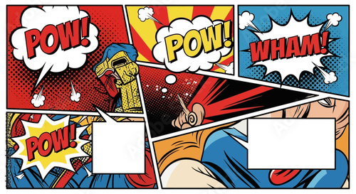Dynamic Comic Book Strip with Action Sounds and Blank Speech Bubbles.