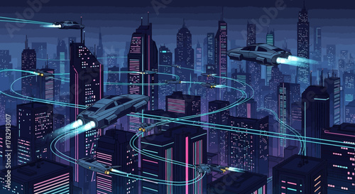 Futuristic Cityscape with Flying Vehicles at Night.