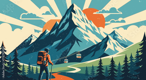 Hikers Journey to Mountain Peak Under Radiant Sun.