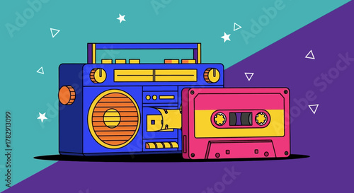 Retro Boombox and Cassette Tape Illustration.