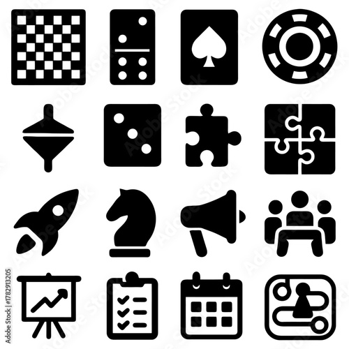 Game Icon Set: A diverse assortment of game-related icons, each representing different concepts and activities associated with games, fun, and strategy. 