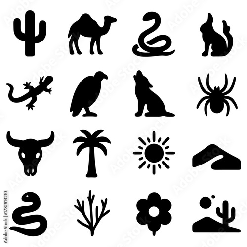 Desert Icon Silhouette Collection: A diverse compilation of iconic silhouettes captures the essence of the desert, showcasing its unique flora, fauna, and elements, set against a simple backdrop.