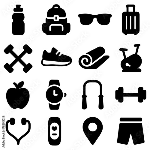 Fitness Icon Array: A collection of various fitness-related icons, each representing an essential element of a healthy lifestyle, offering a visual vocabulary for health, wellness, and activity.