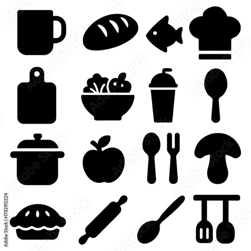 Culinary Icons: A delightful assortment of culinary icons, representing various cooking utensils and delicious ingredients for a culinary masterpiece.