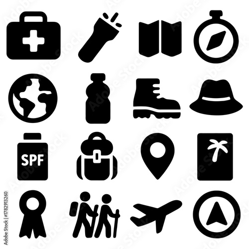 Essential Travel Elements: A compilation of essential travel icons, meticulously arranged, representing adventure, exploration, and the spirit of the journey.