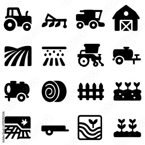 Agriculture Icon Set: A comprehensive collection of agriculture icons, perfect for representing various farming tools and elements used in agricultural practices.