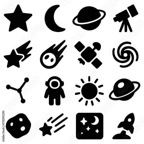 Cosmic Ensemble: A captivating array of celestial objects and space-related elements. Depicting the wonders of the cosmos, from stars and planets to the moon, astronaut, and beyond.