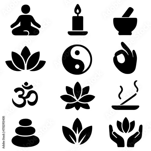 Harmony in Symbols: A visual tapestry of zen, featuring an array of symbolic icons, offers a glimpse into inner peace and balance. The collection showcases elements of meditation and mindfulness. 