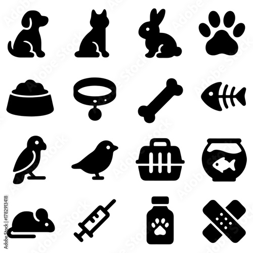 Pet Care Icons: A collection of meticulously crafted icons portraying essential elements of pet care, including various animals, food, accessories, and health-related items.