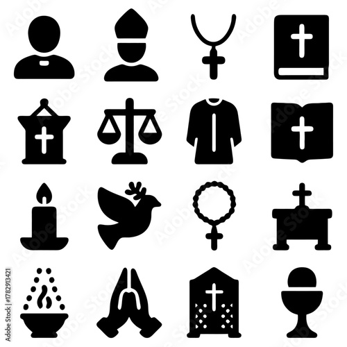 Sacred Symbols: A collection of meticulously crafted icons symbolizing the core tenets of faith, faith in the form of black silhouettes.