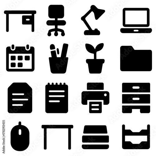 Office Essentials: A collection of essential office supplies and equipment, presented in a minimalist, black-and-white style. the essentials necessary for a smooth workflow