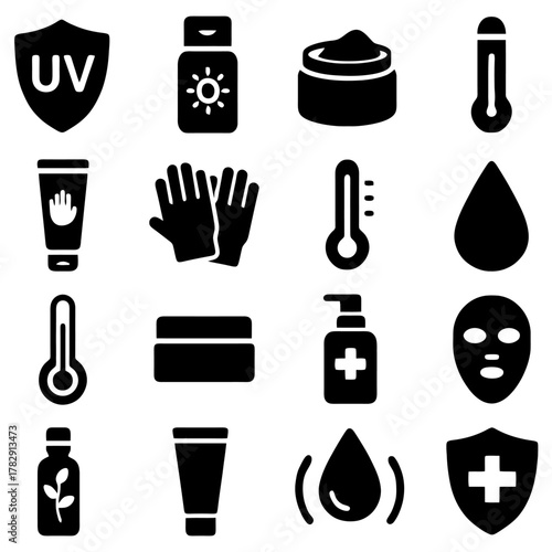 Essentials for well-being: A set of black silhouettes representing essential items and symbols related to self-care, health, and protection, essential for holistic wellbeing.