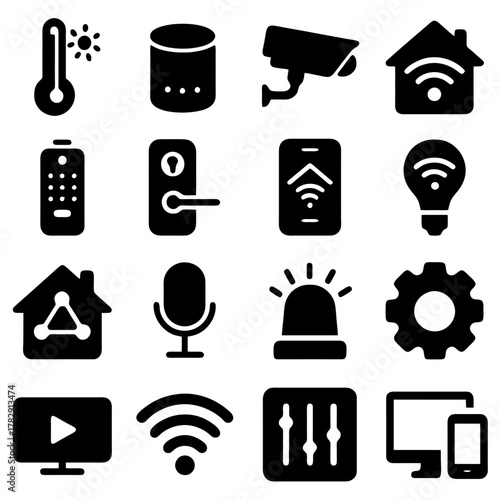 Smart Home Technology Icons: An array of sleek, modern icons representing the cutting-edge of home automation, each symbolizing a different aspect of a connected, intelligent living space.