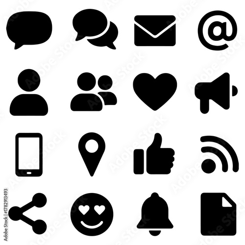 Communication Icons: A collection of various communication icons, including speech bubbles, email, a person symbol, and other social media elements.