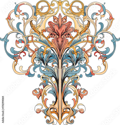 Symmetrical mandala design element with pink, blue and yellow leaf and floral elements