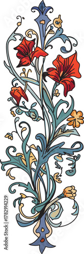 Floral illustration with yellow and red flowers with green leves, daisy and hibiscus