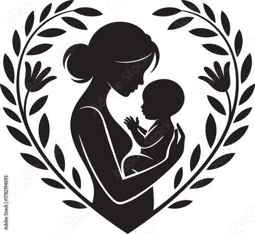 A black silhouette depicts a mother cradling her baby within a heart-shaped laurel wreath, symbolizing love and protection.