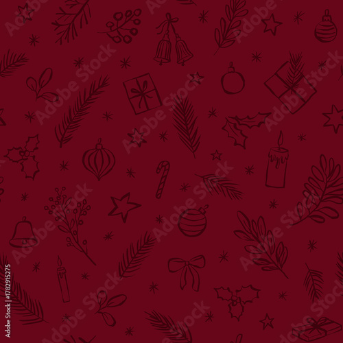 Patrón sin costuras navideño. Fondo de navidad con ilustraciones minimalistas. Estampa de superficie con dibujos a mano de adornos navideños en fondo rojo