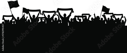 Silhouette crowd of cheering fans with flags and scarves, football or sports supporters vector illustration, stadium audience celebration, black outline design