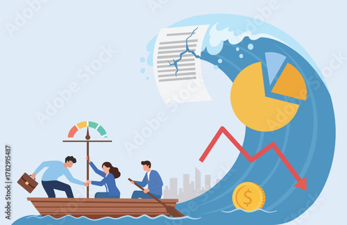 Business Team Braving Financial Crisis Wave (Flat Vector Illustration), Economic Turmoil, Financial Storm, Market Downturn, Team Resilience, Crisis Navigation