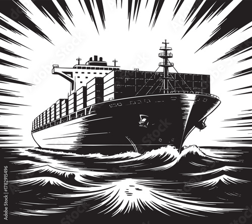 A large container ship navigates turbulent waves under a dramatic, radiating light effect, creating a sense of power and motion.