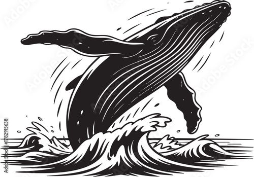 A striking black and white illustration of a humpback whale leaping from crashing ocean waves, capturing its power and grace.