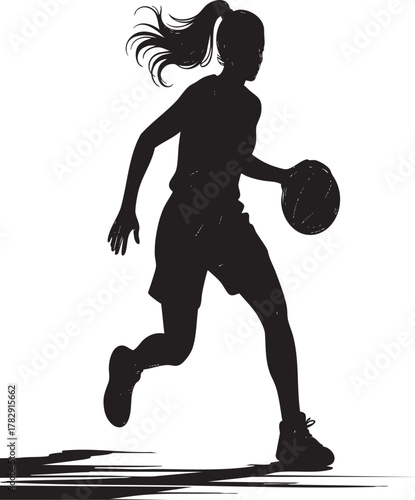 A black silhouette of a female basketball player running and dribbling a ball against a light background.